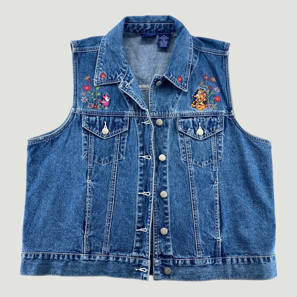 Disney Winnie Pooh Denim Vest XL Embroidered Piglet Tigger Floral Jean Jacket